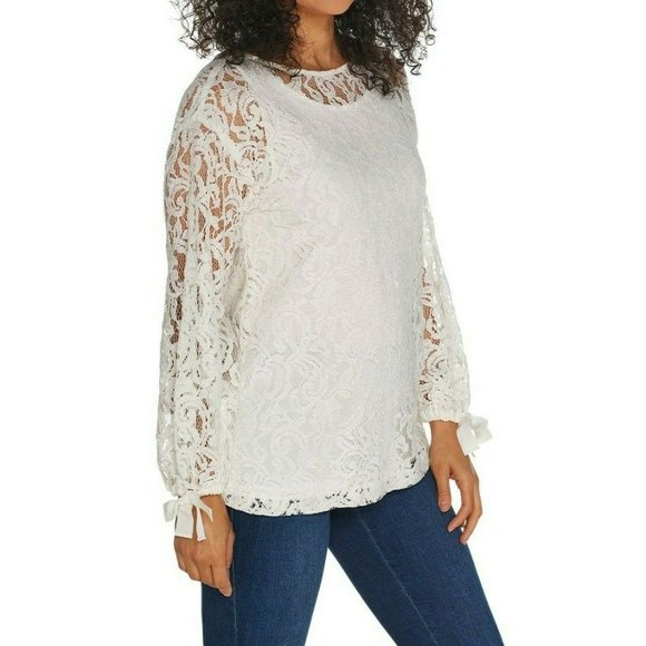 2 Dennis Basso Lace Tunic Shirt Tank Top Ivory Reg